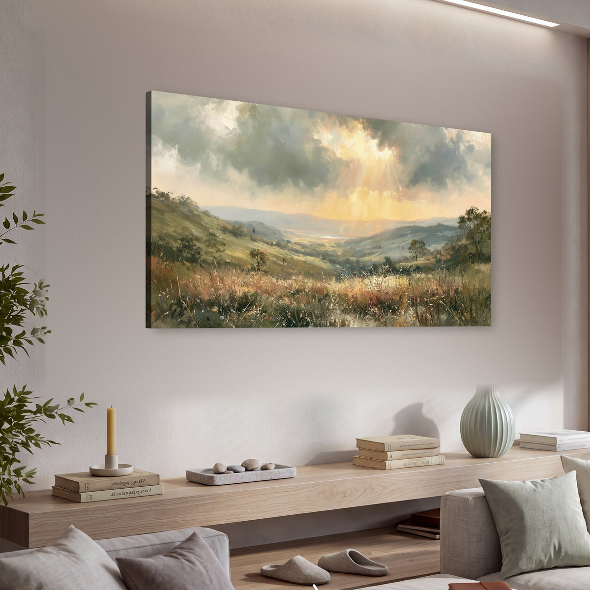 Golden sun rays valley painting canvas wall art in a living room above a console