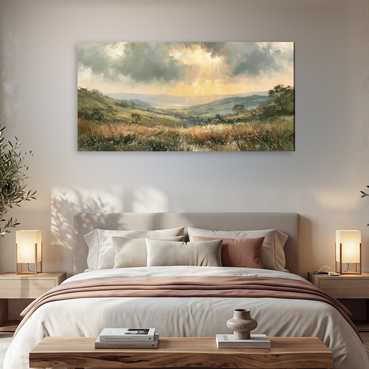 Golden sun rays valley painting canvas wall art in a bedroom above the bed