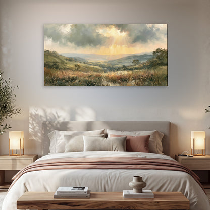 Golden sun rays valley painting canvas wall art in a bedroom above the bed