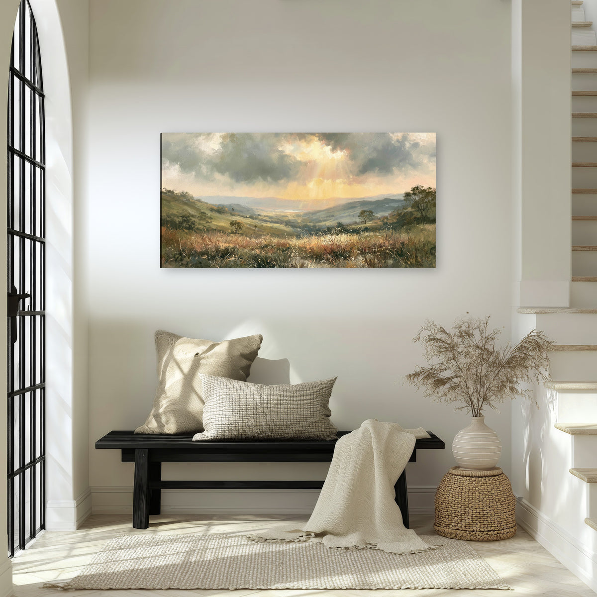 Golden sun rays valley painting canvas wall art in an entryway above a bench