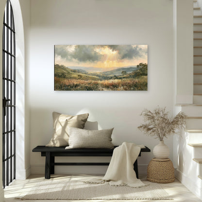 Golden sun rays valley painting canvas wall art in an entryway above a bench