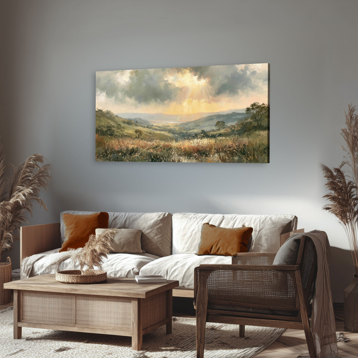 Golden sun rays valley painting canvas wall art in a rustic living room