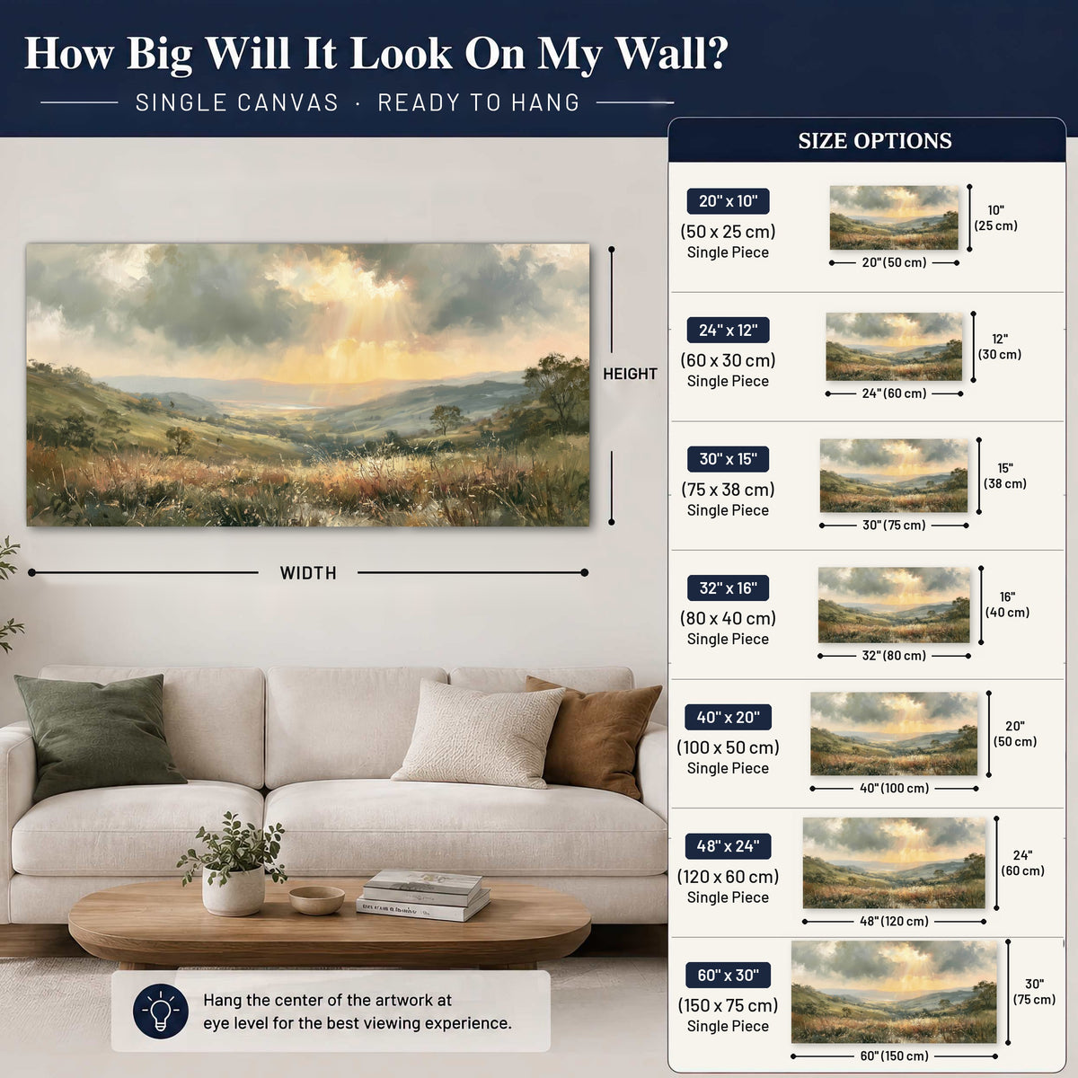 Golden sun rays valley painting canvas wall art size guide above a sofa