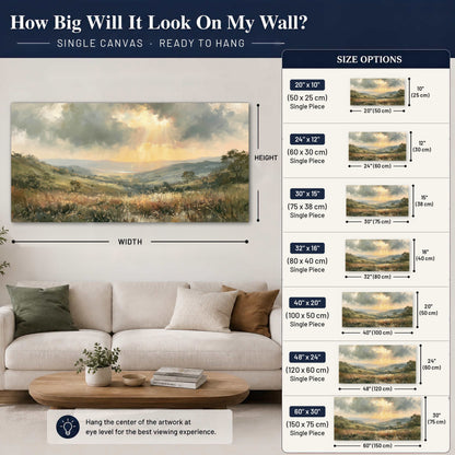 Golden sun rays valley painting canvas wall art size guide above a sofa