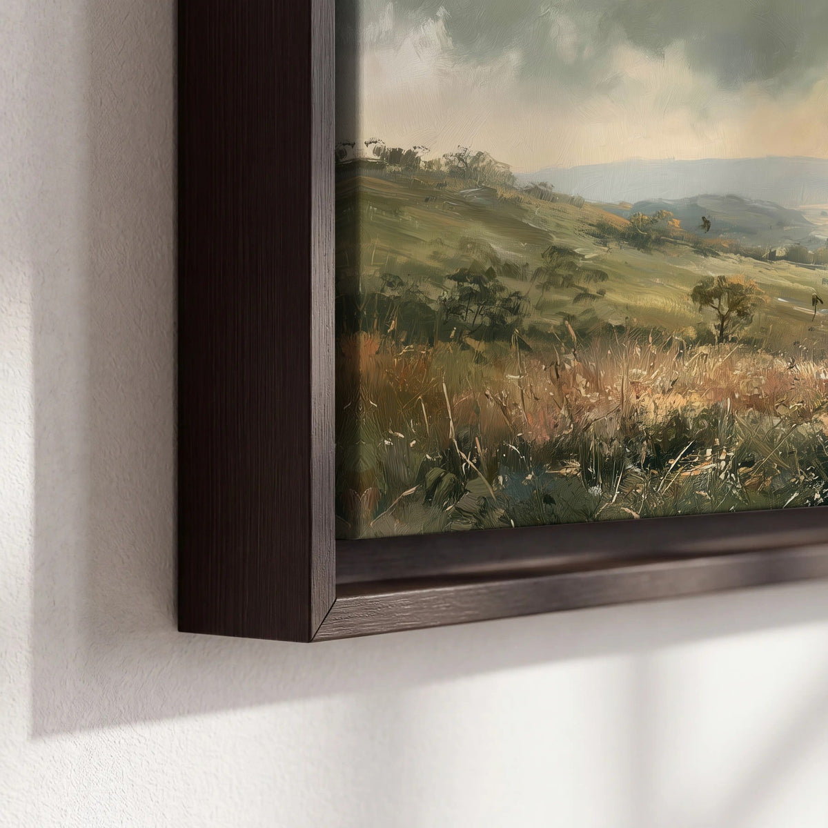 Golden sun rays valley painting framed canvas close-up showing the floating frame