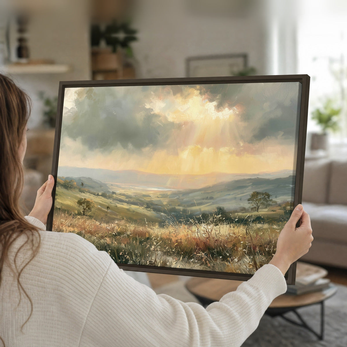 Golden sun rays valley painting framed canvas held in hands