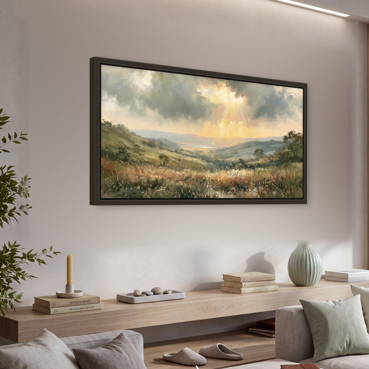 Golden sun rays valley painting framed canvas wall art in a living room above a console