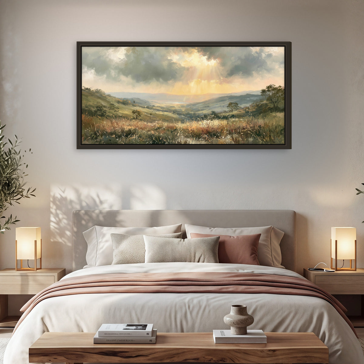 Golden sun rays valley painting framed canvas wall art in a bedroom above the bed