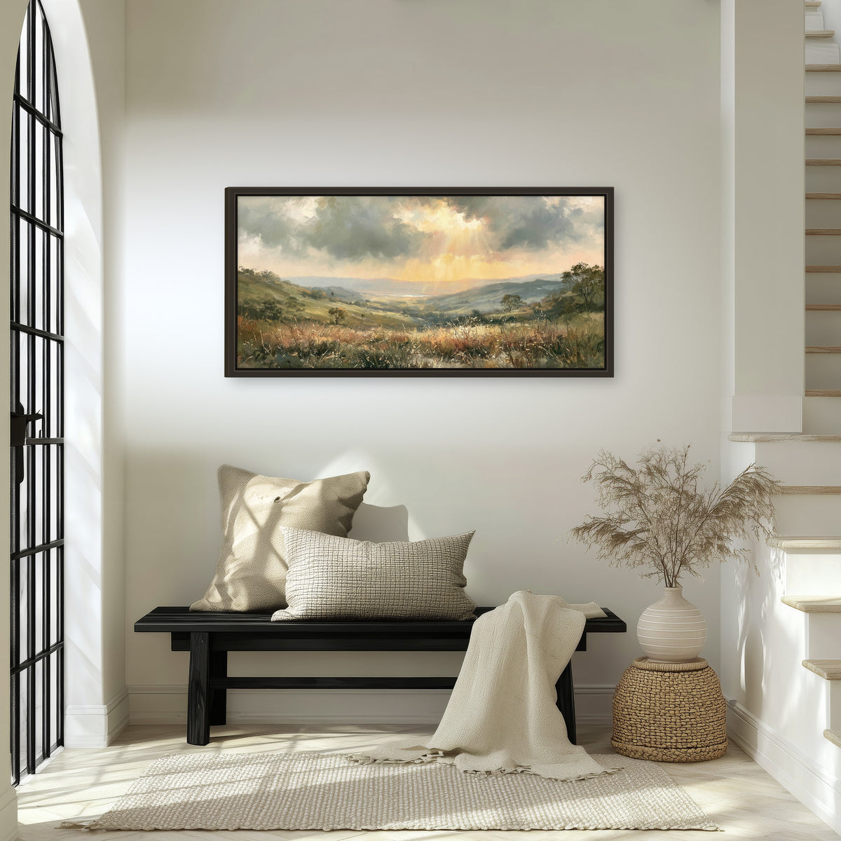 Golden sun rays valley painting framed canvas wall art in an entryway above a bench