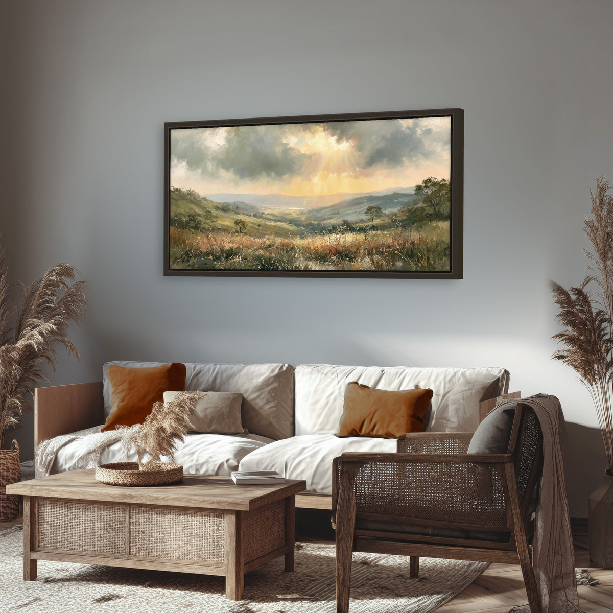 Golden sun rays valley painting framed canvas wall art in a rustic living room