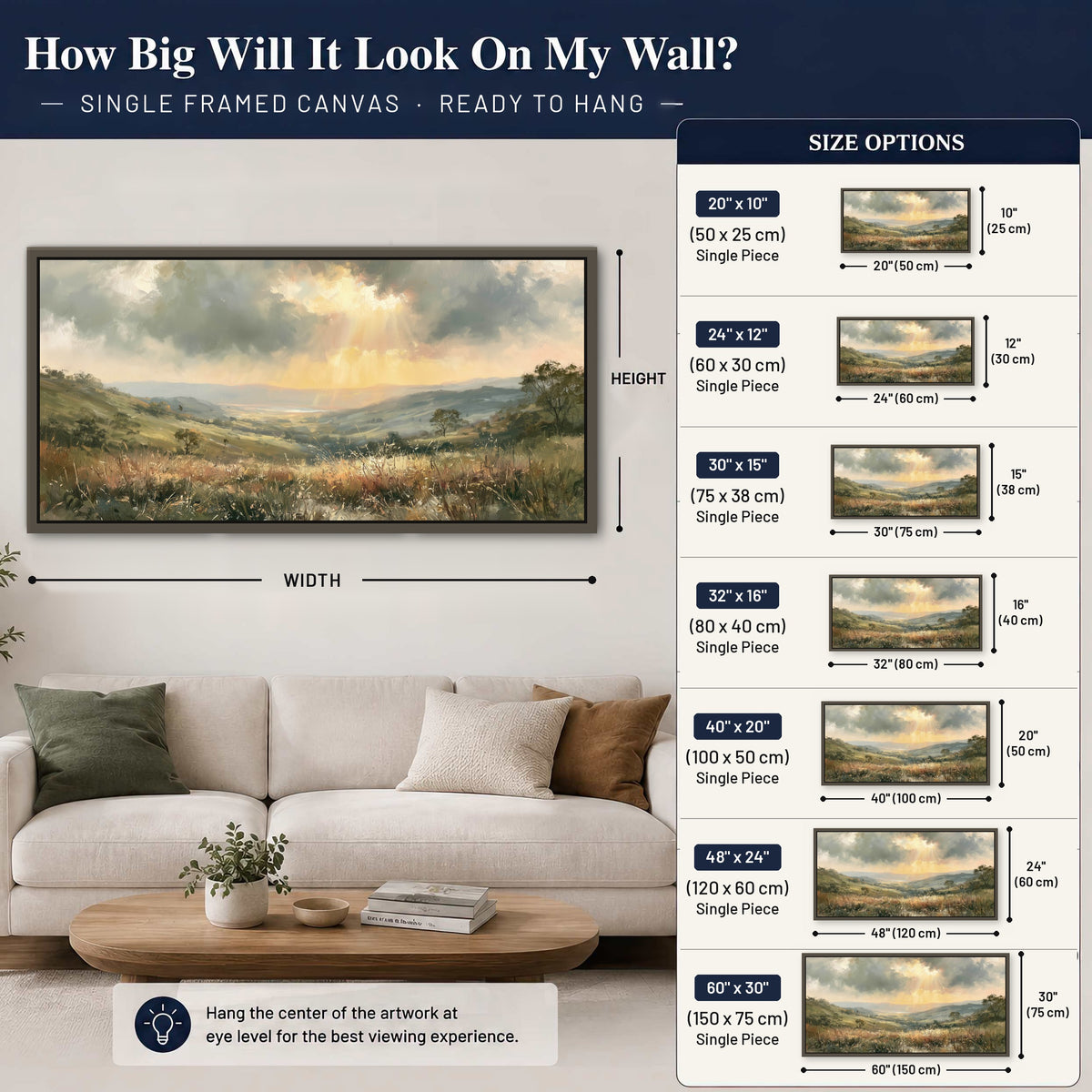 Golden sun rays valley painting framed canvas wall art size guide above a sofa