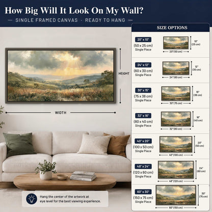 Golden sun rays valley painting framed canvas wall art size guide above a sofa