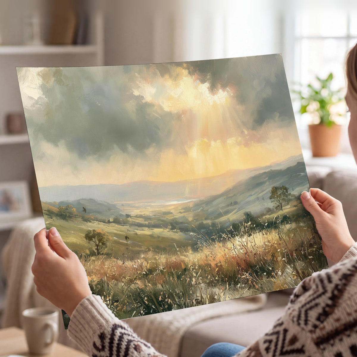 Golden sun rays valley painting poster print held in hands