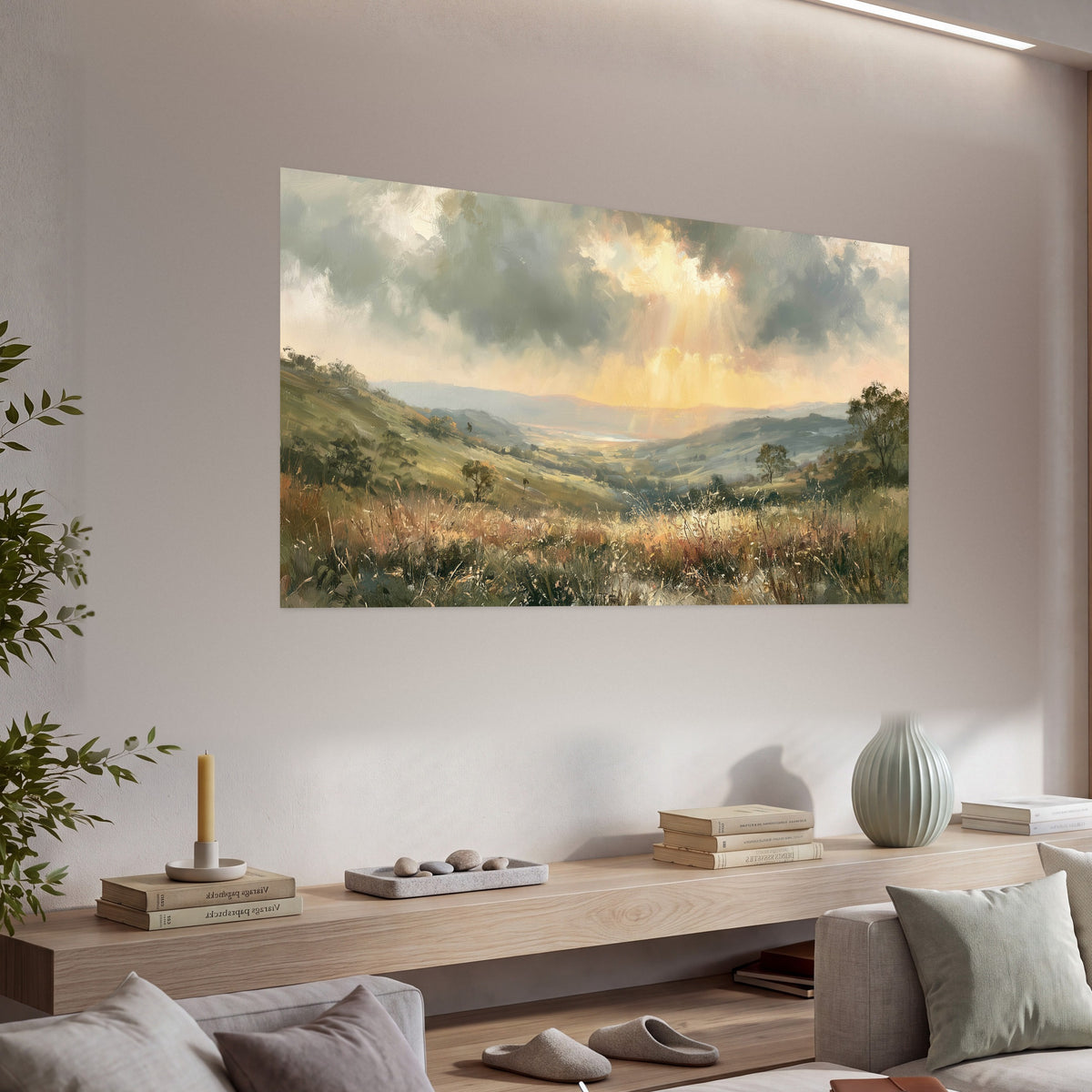 Golden sun rays valley painting poster print in a living room above a console