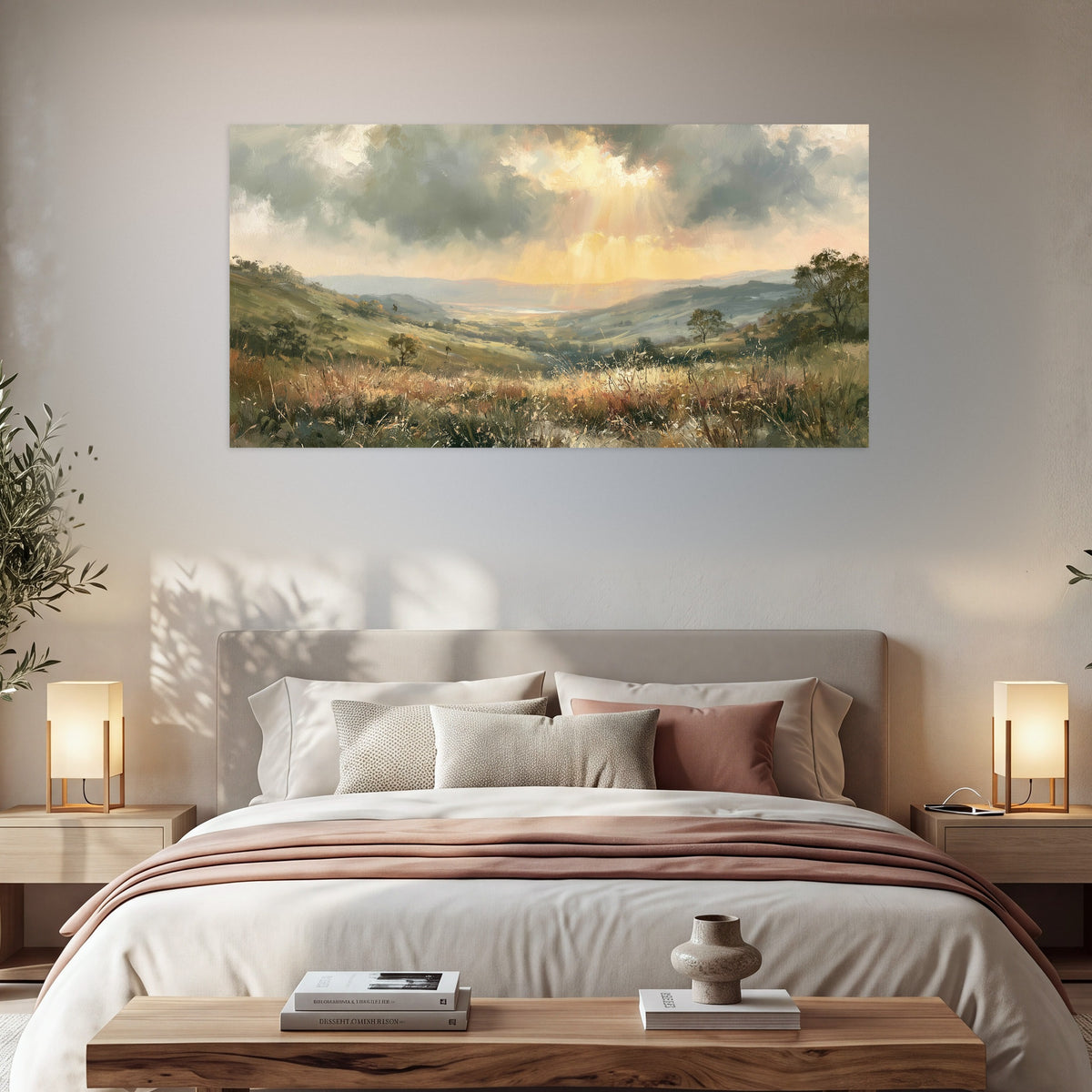 Golden sun rays valley painting poster print in a bedroom above the bed