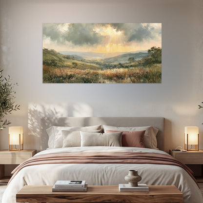 Golden sun rays valley painting poster print in a bedroom above the bed