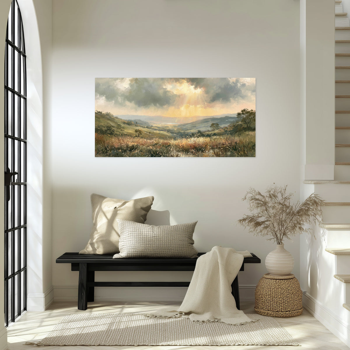 Golden sun rays valley painting poster print in an entryway above a bench