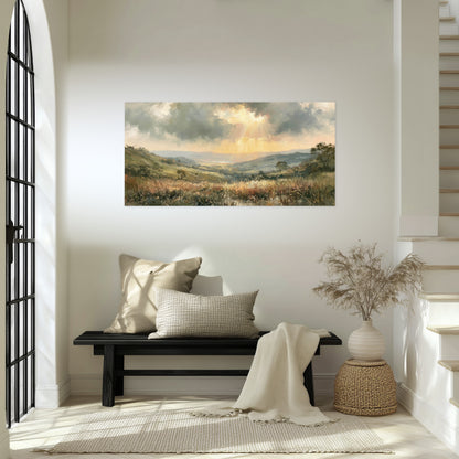 Golden sun rays valley painting poster print in an entryway above a bench