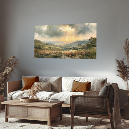 Golden sun rays valley painting poster print in a rustic living room
