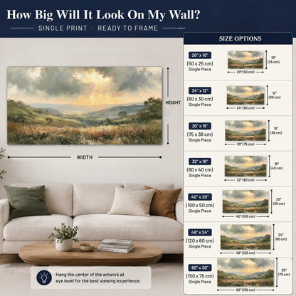 Golden sun rays valley painting poster print size guide above a sofa