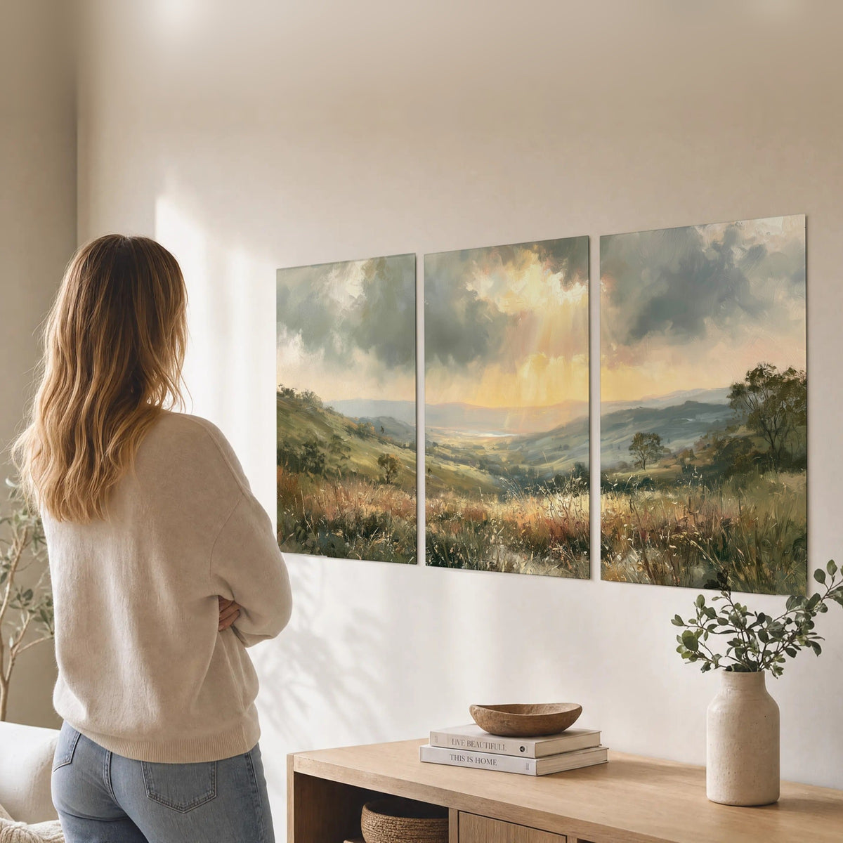 Golden sun rays valley painting set of 3 poster prints in a living room