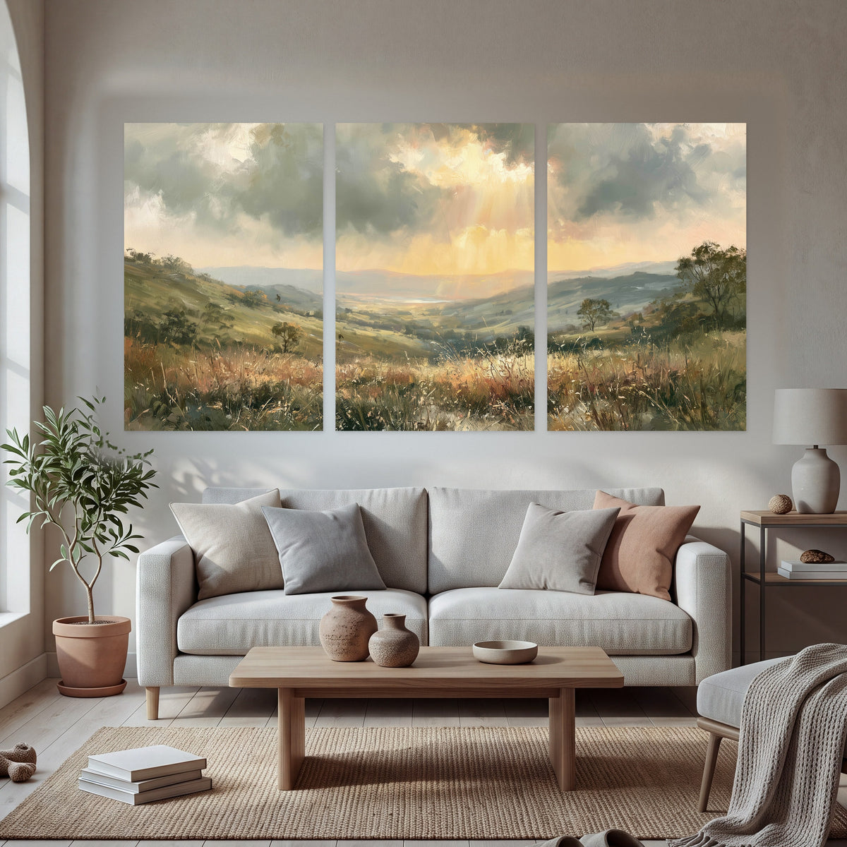 Golden sun rays valley painting set of 3 poster prints in a bright living room