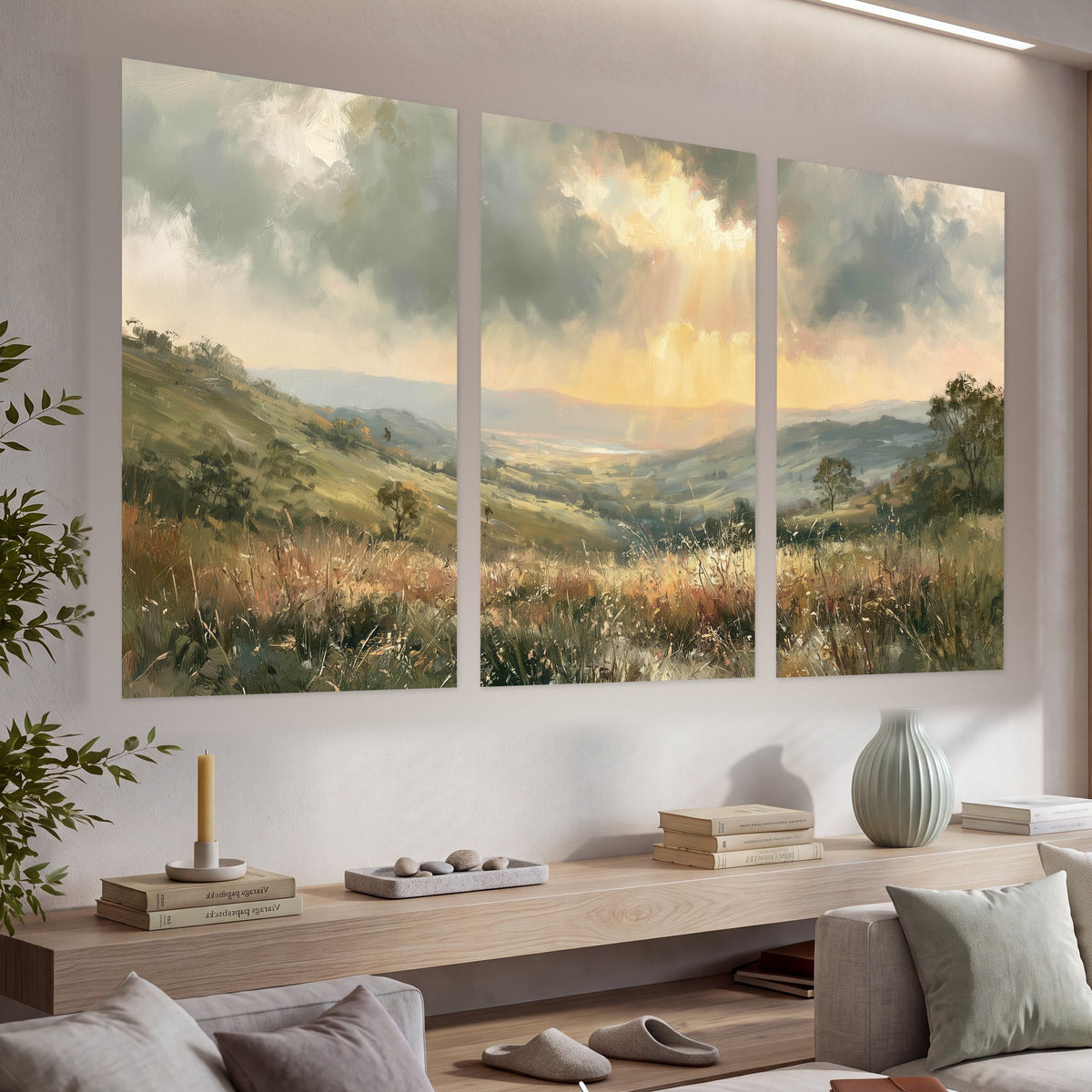 Golden sun rays valley painting set of 3 poster prints in a living room above a console
