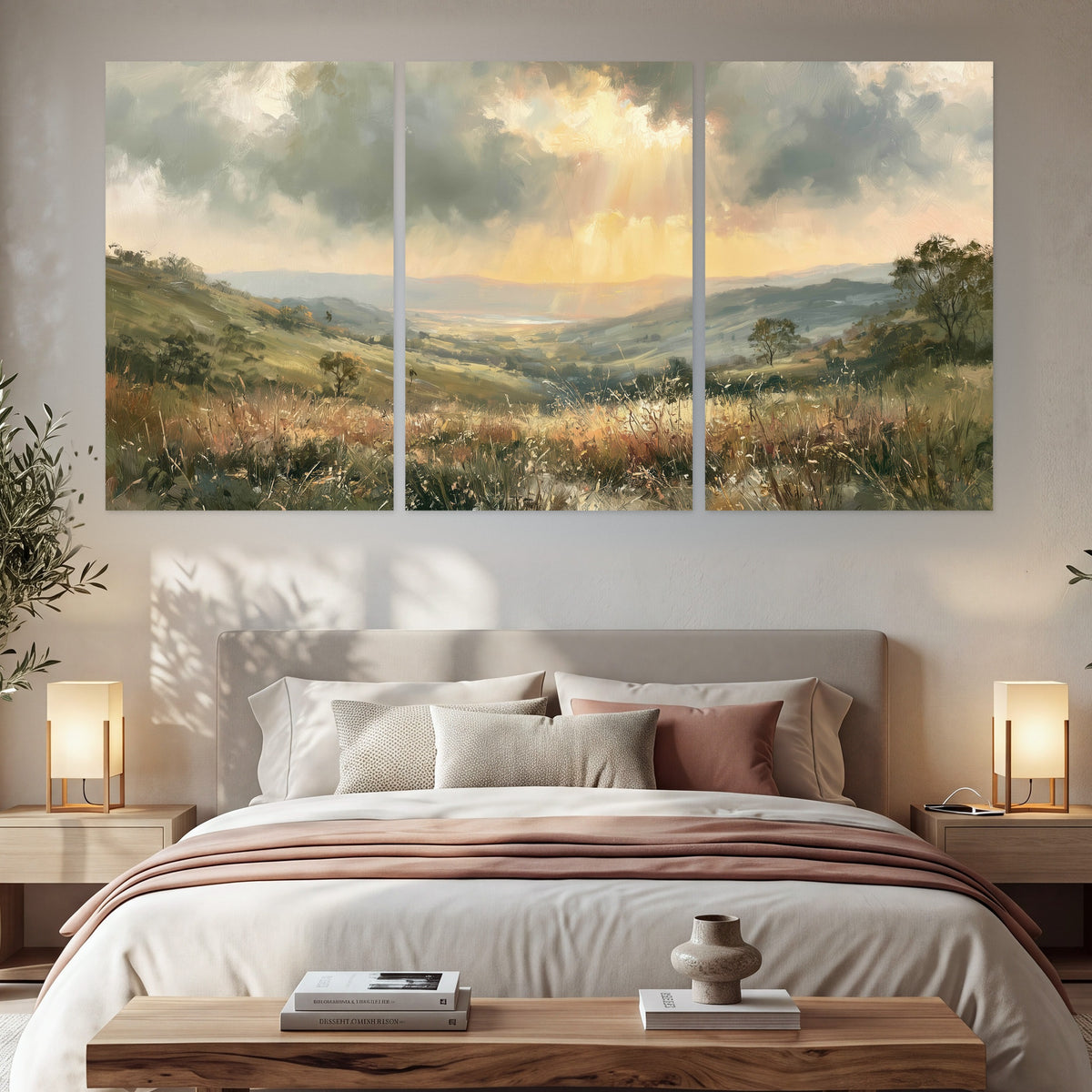 Golden sun rays valley painting set of 3 poster prints in a bedroom above the bed