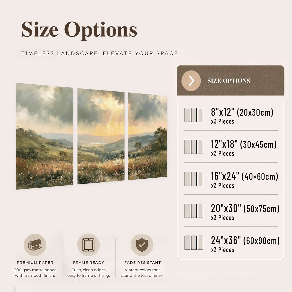 Golden sun rays valley painting set of 3 poster prints size options
