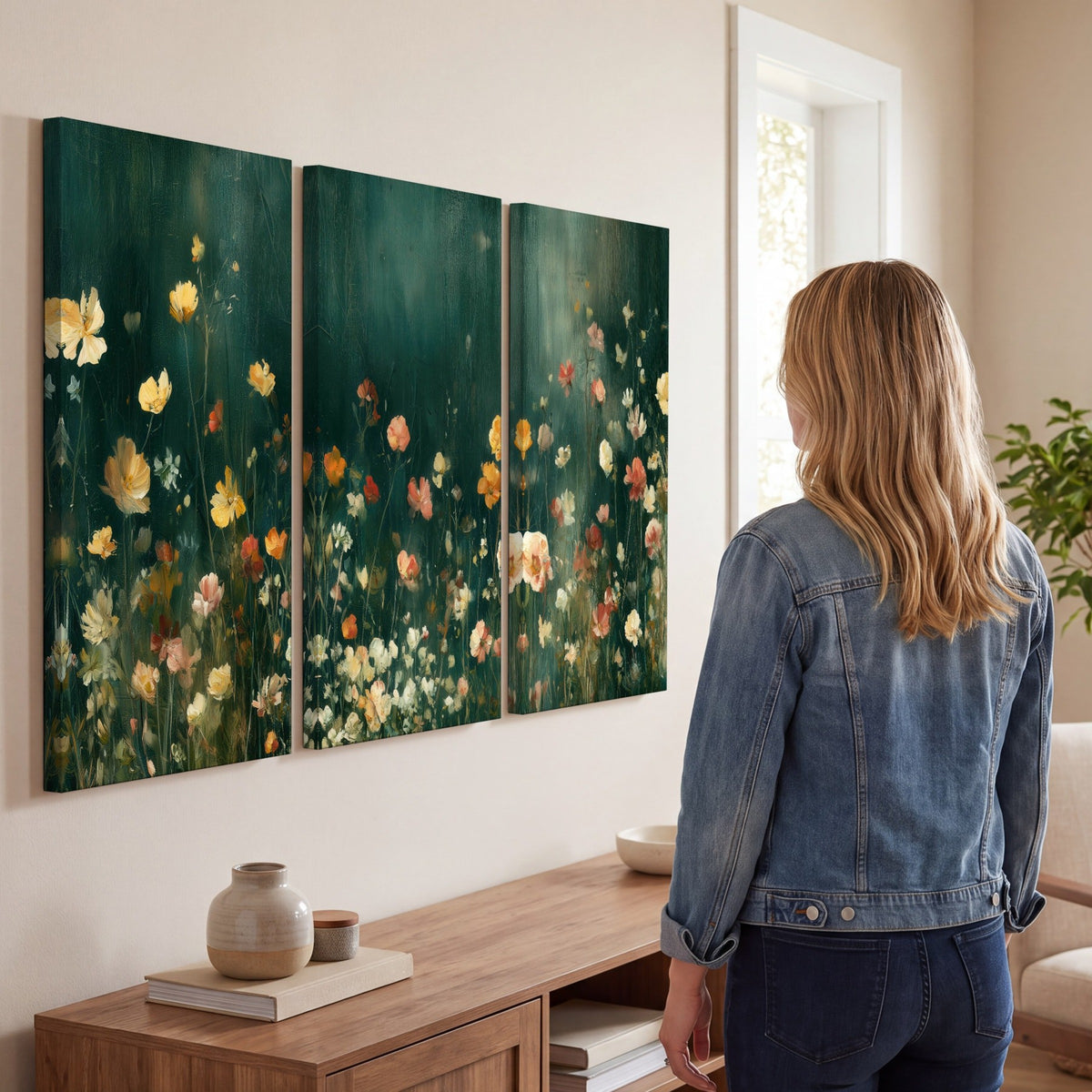 Moody wildflower garden painting 3 piece canvas wall art in a living room