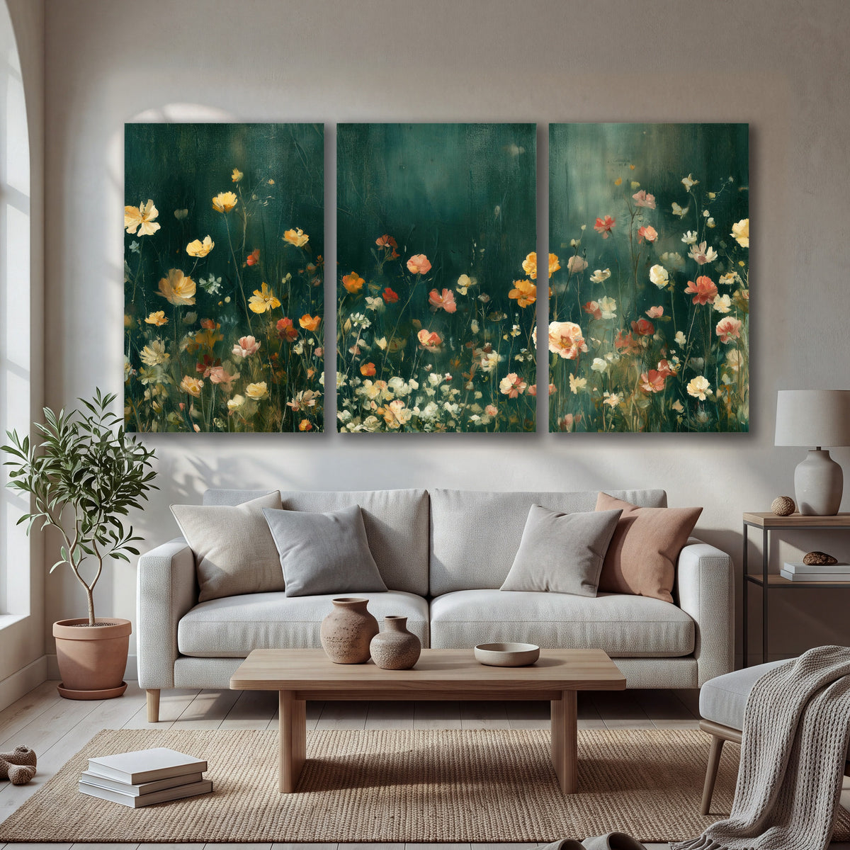 Moody wildflower garden painting 3 piece canvas wall art in a bright living room