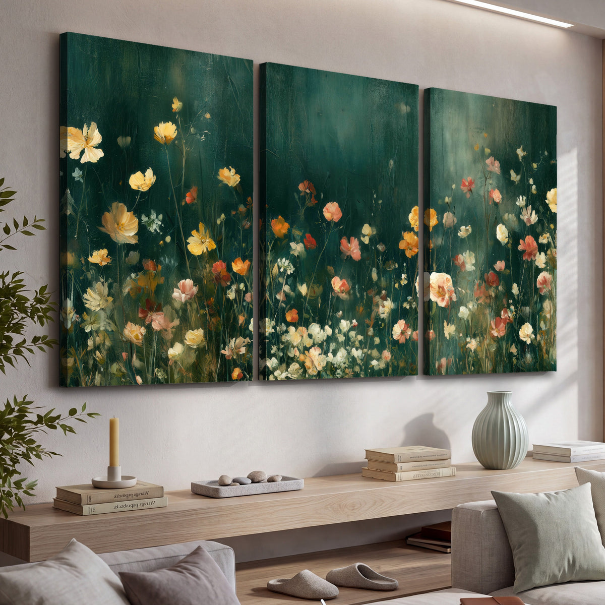 Moody wildflower garden painting 3 piece canvas wall art in a living room above a console