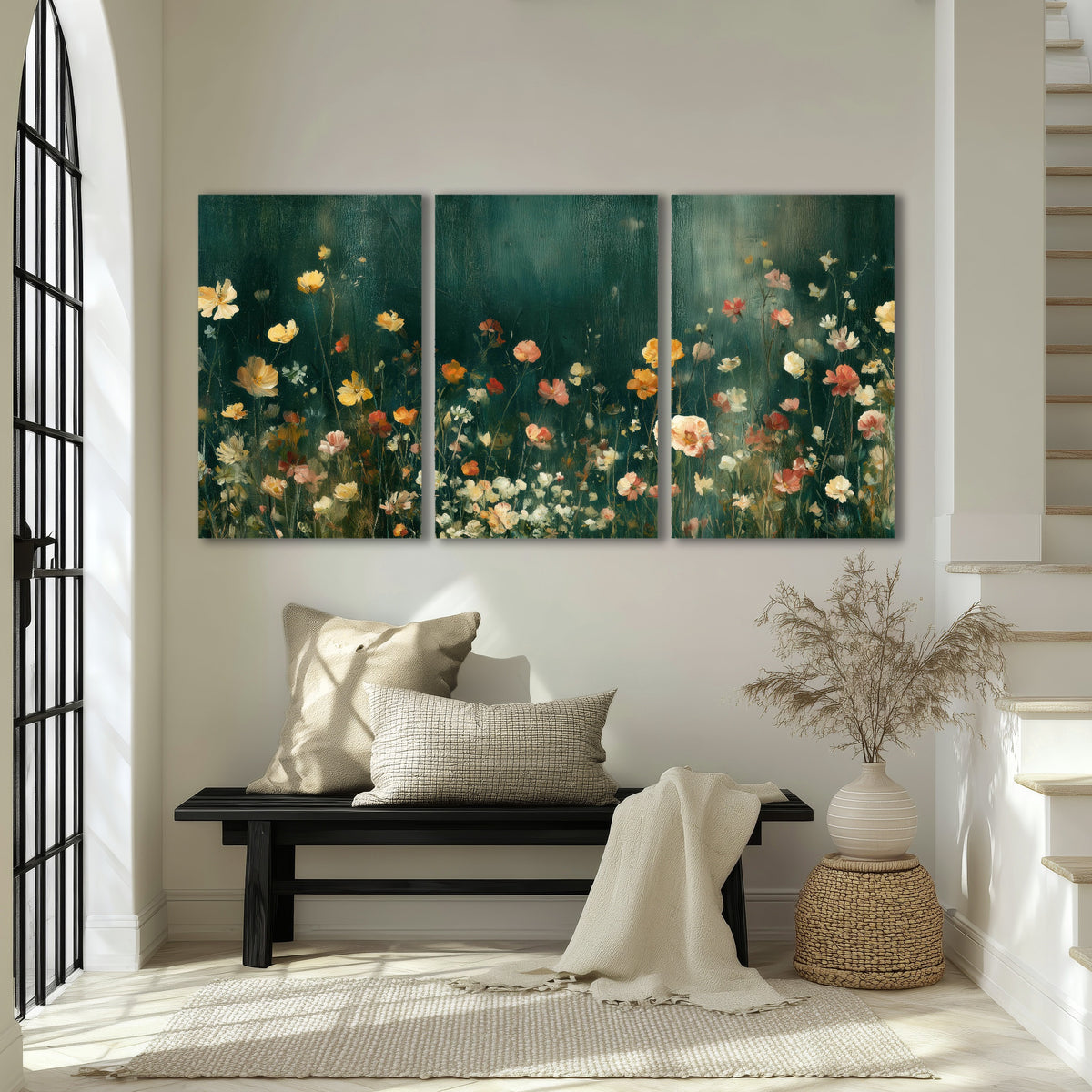 Moody wildflower garden painting 3 piece canvas wall art in an entryway above a bench