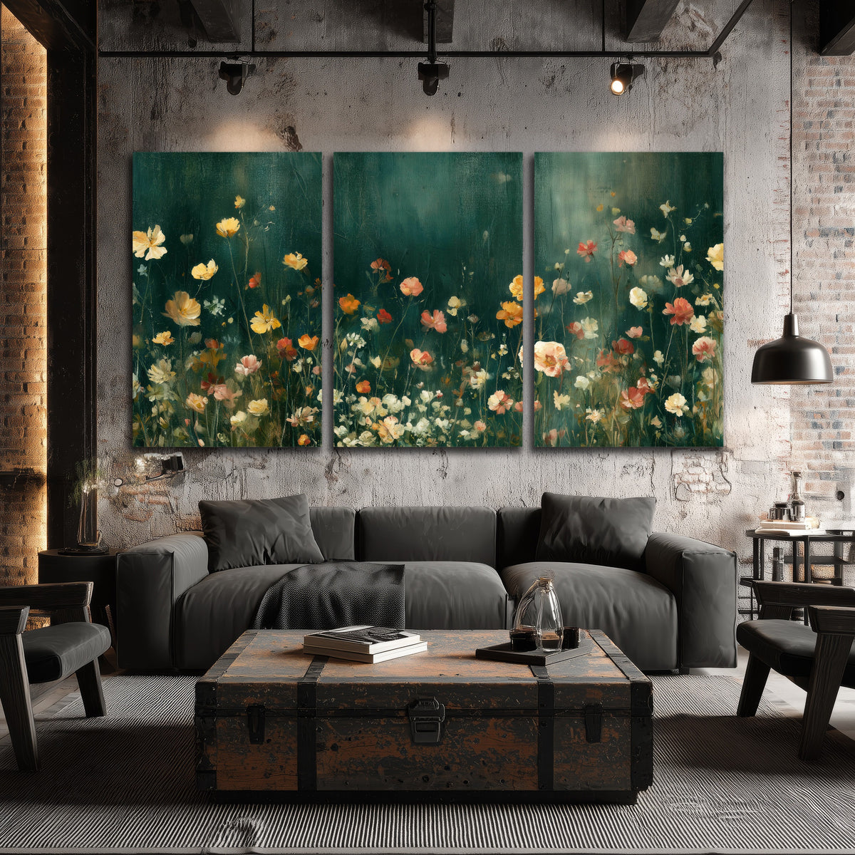Moody wildflower garden painting 3 piece canvas wall art in an industrial loft