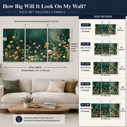 Moody wildflower garden painting 3 piece canvas wall art size guide above a sofa