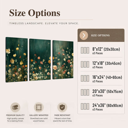 Moody wildflower garden painting 3 piece canvas wall art size options