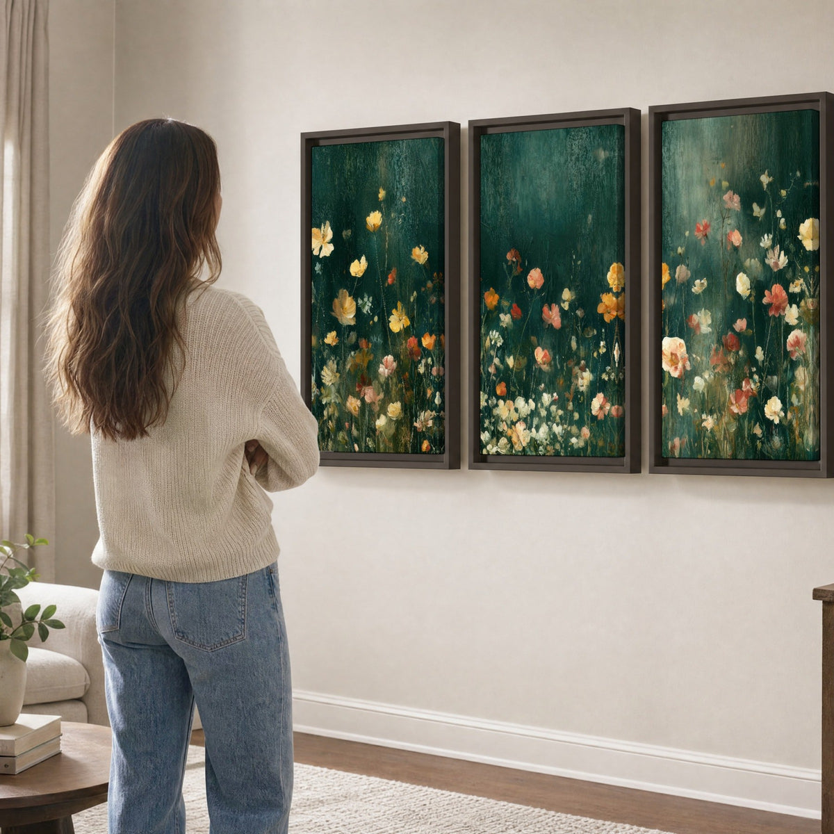 Moody wildflower garden painting 3 piece framed canvas in a living room