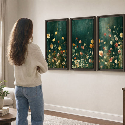 Moody wildflower garden painting 3 piece framed canvas in a living room