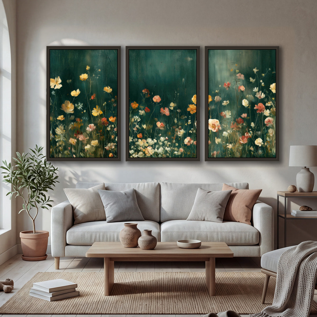 Moody wildflower garden painting 3 piece framed canvas in a bright living room