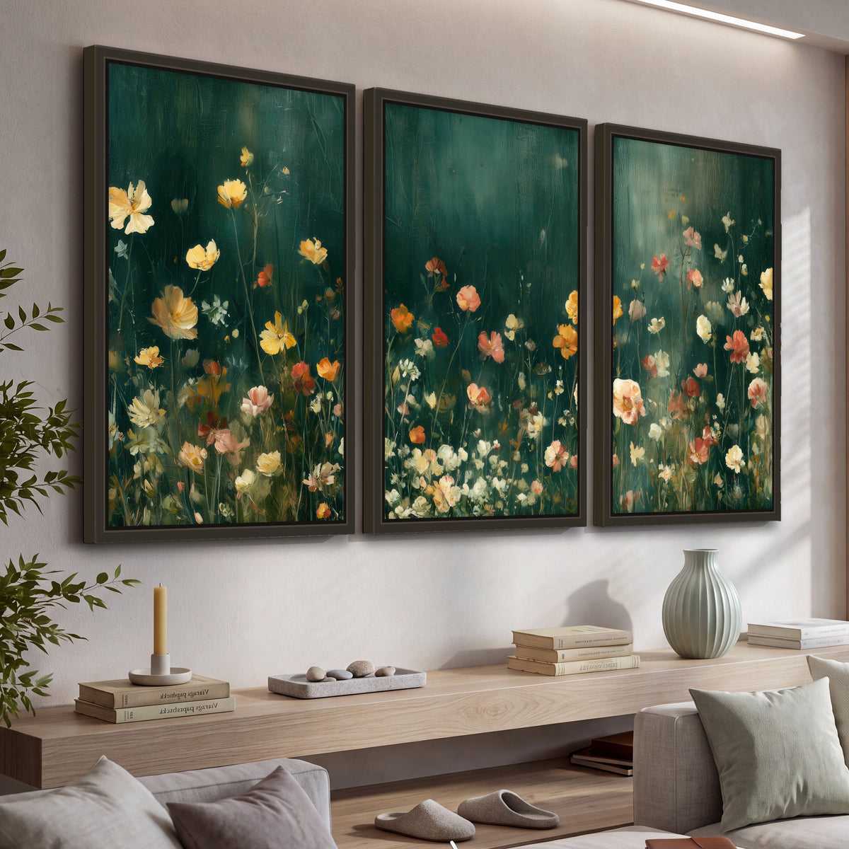 Moody wildflower garden painting 3 piece framed canvas in a living room above a console