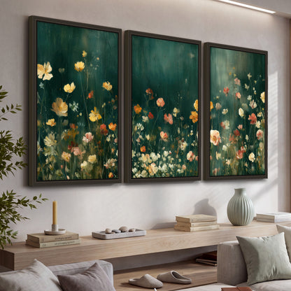 Moody wildflower garden painting 3 piece framed canvas in a living room above a console