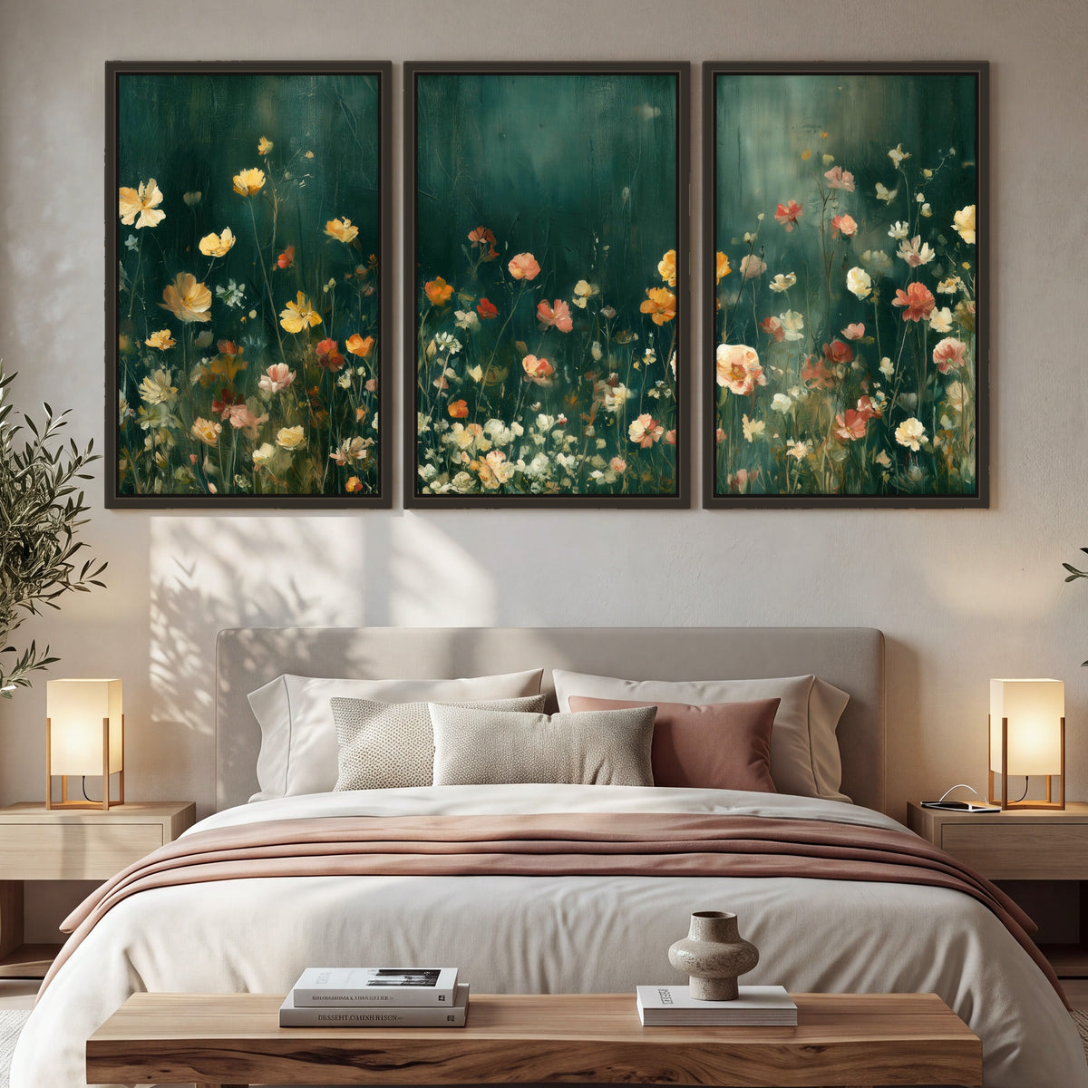 Moody wildflower garden painting 3 piece framed canvas in a bedroom above the bed
