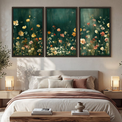 Moody wildflower garden painting 3 piece framed canvas in a bedroom above the bed