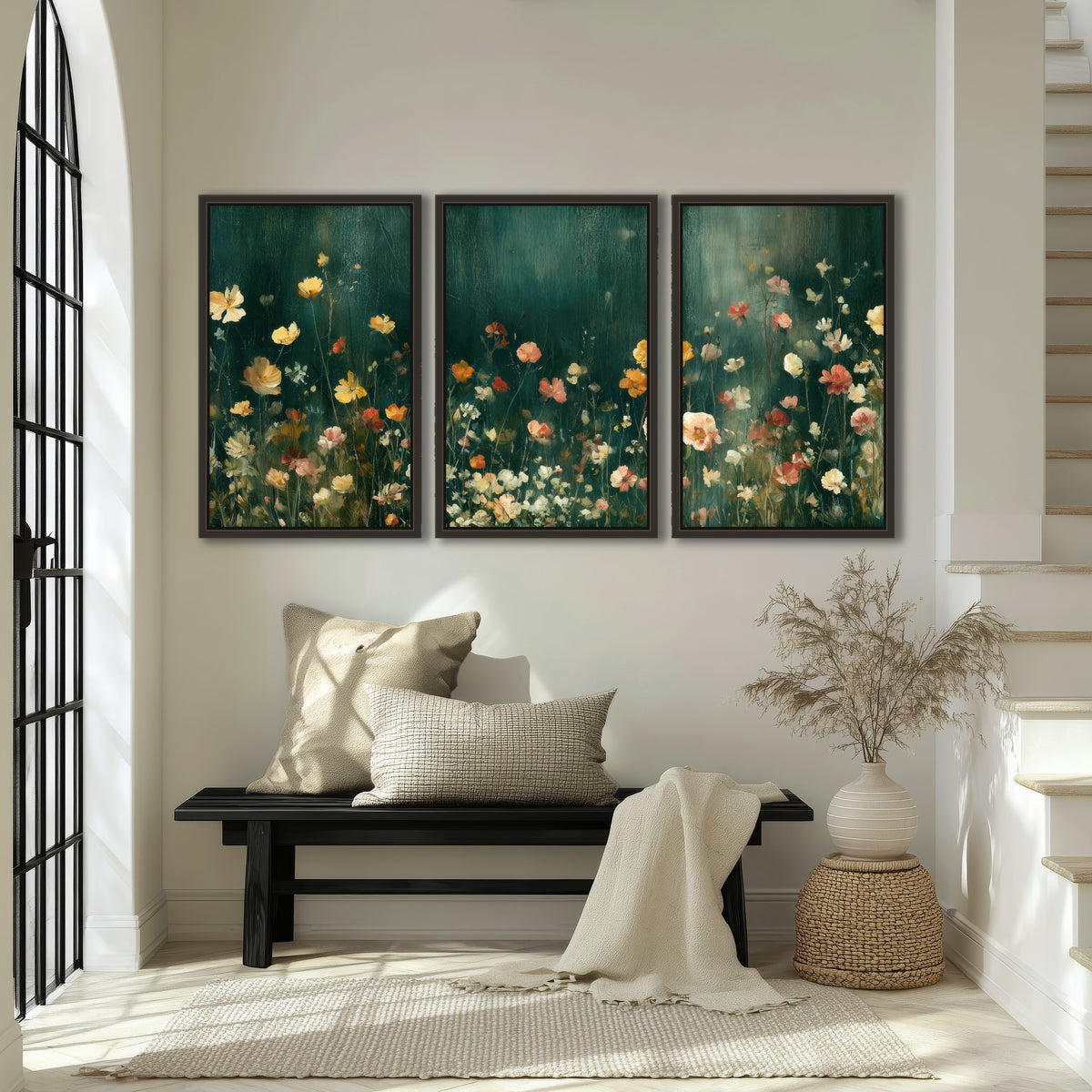 Moody wildflower garden painting 3 piece framed canvas in an entryway above a bench