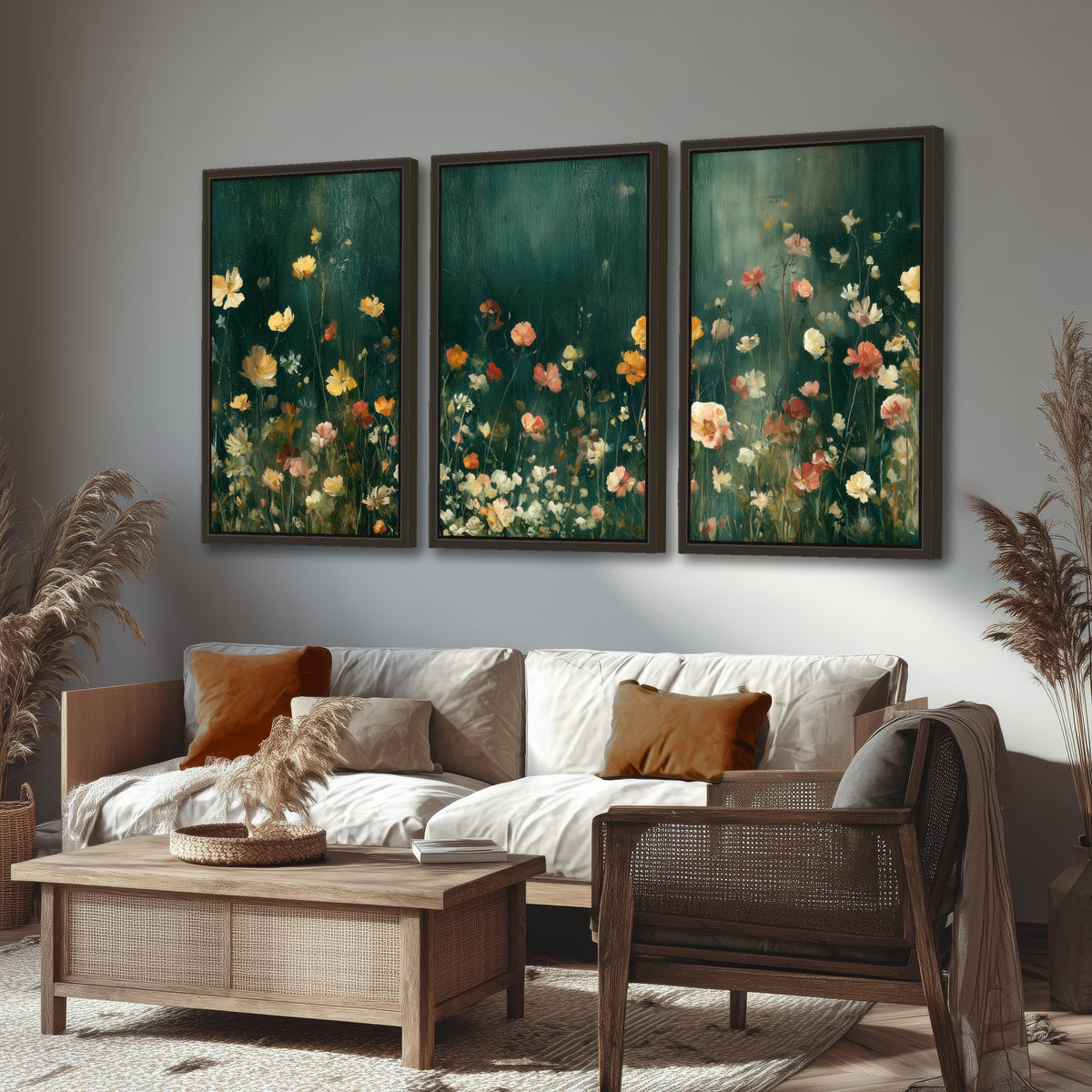 Moody wildflower garden painting 3 piece framed canvas in a rustic living room