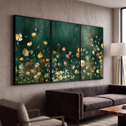 Moody wildflower garden painting 3 piece framed canvas in a modern living room