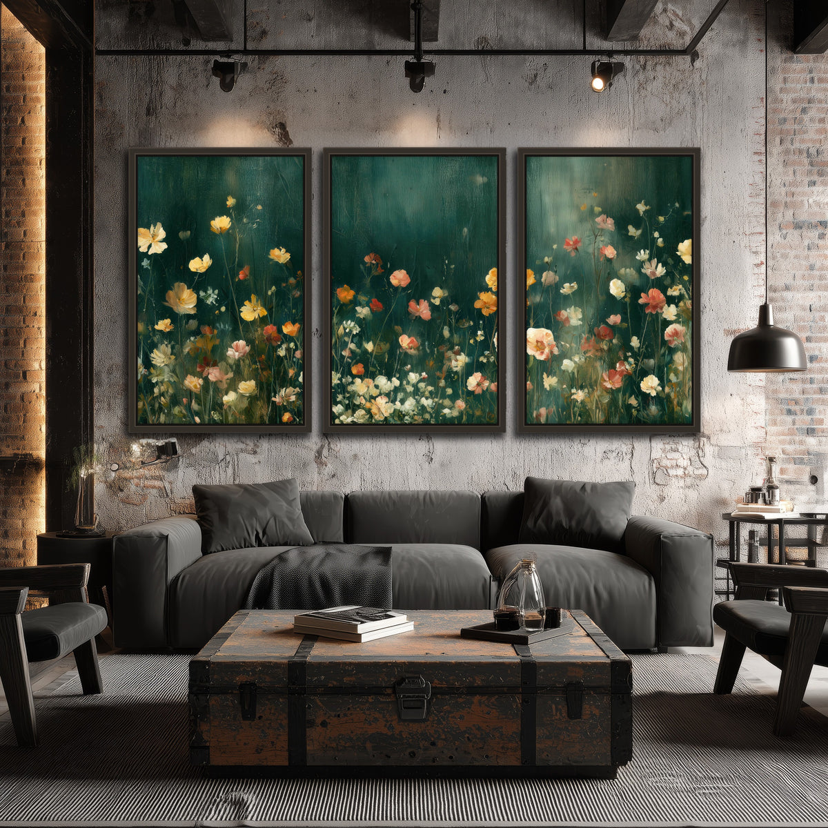 Moody wildflower garden painting 3 piece framed canvas in an industrial loft