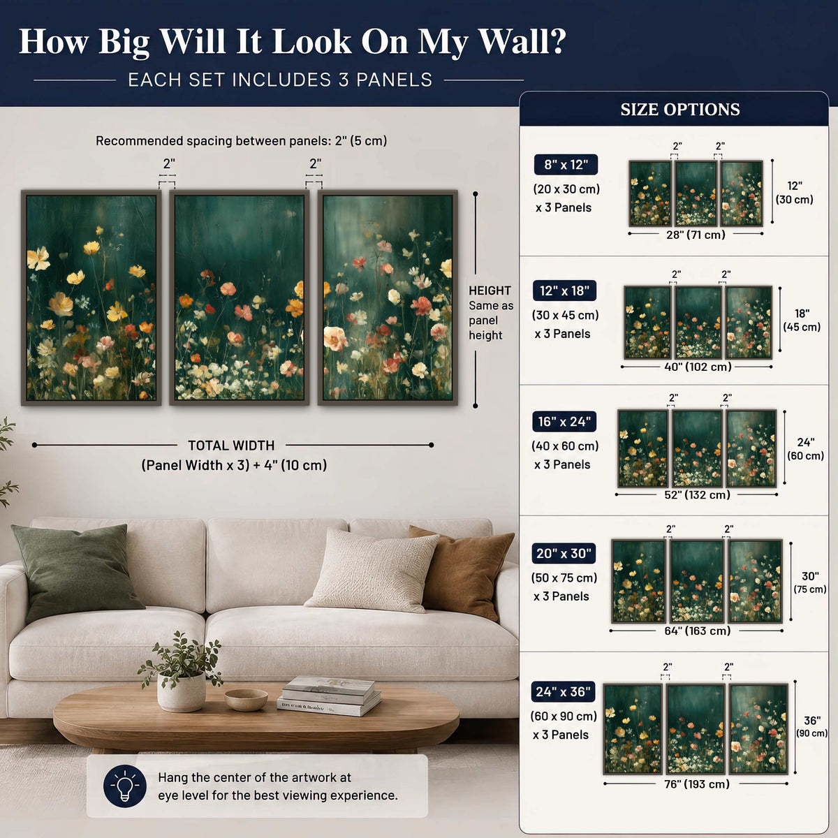 Moody wildflower garden painting 3 piece framed canvas size guide above a sofa