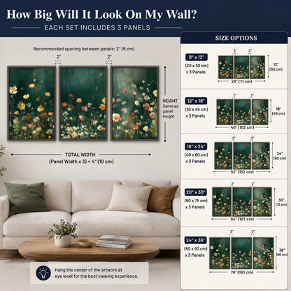 Moody wildflower garden painting 3 piece framed canvas size guide above a sofa