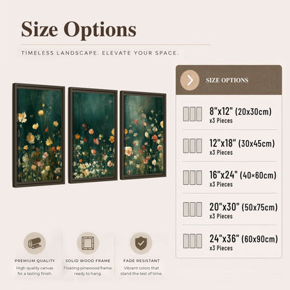 Moody wildflower garden painting 3 piece framed canvas size options